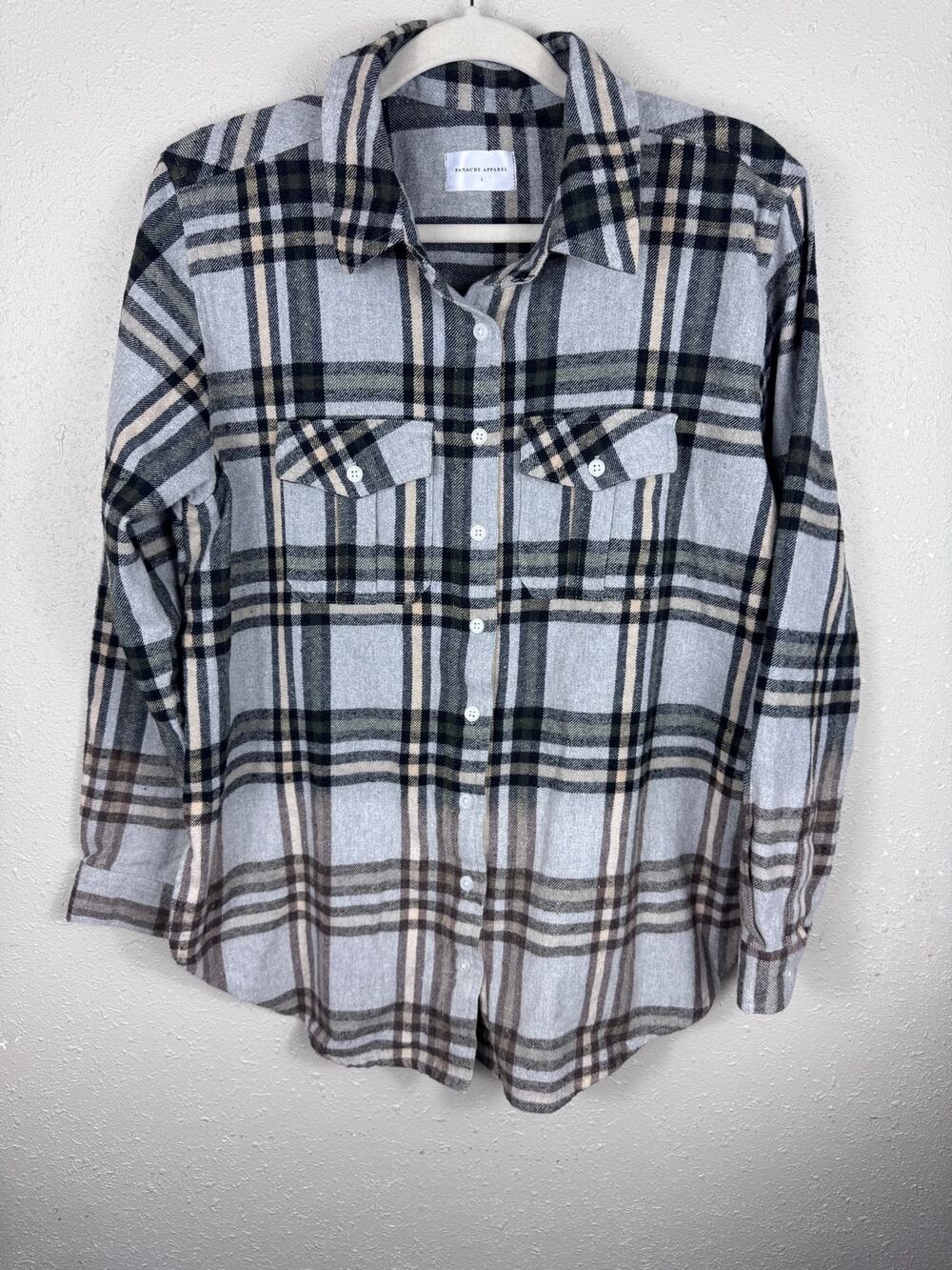 Panache Apparel Flannel Gray, black, & Beige Plaid pattern Womens size Large